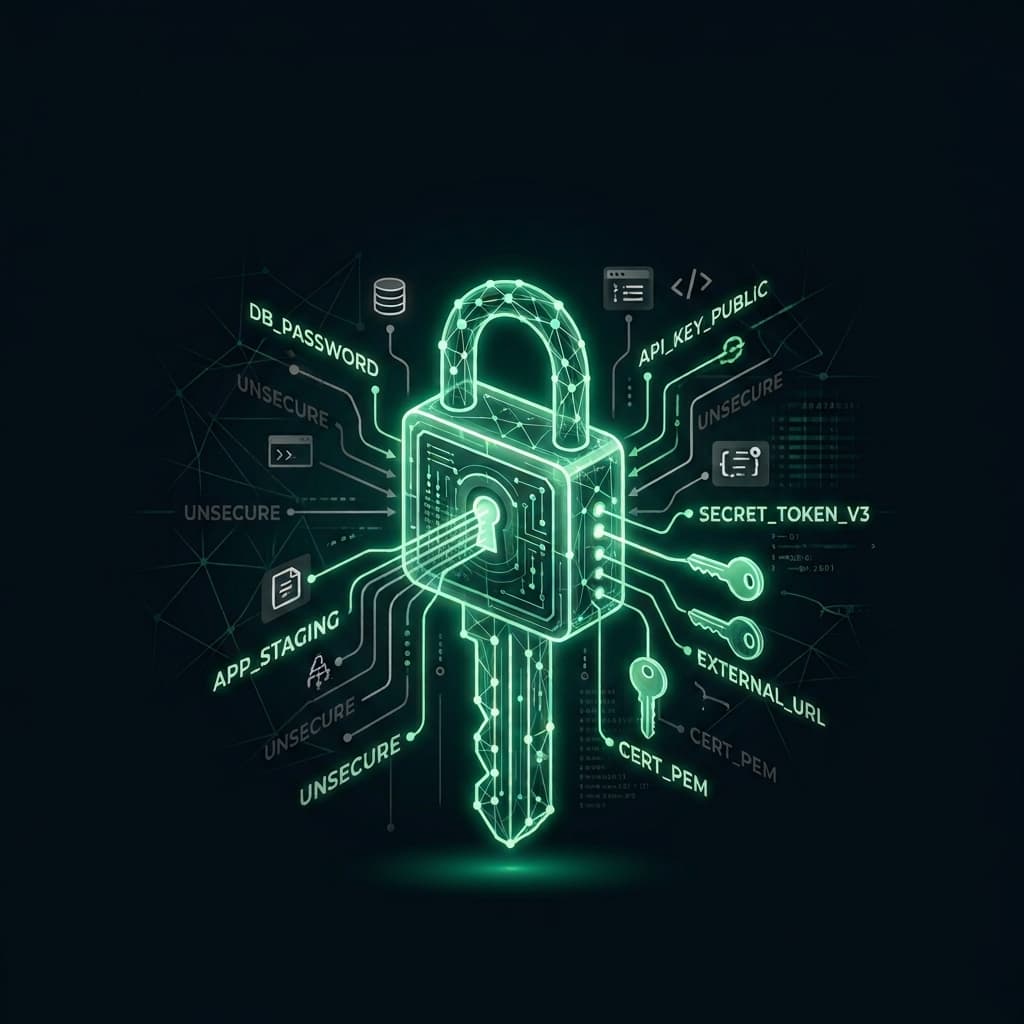 A glowing padlock and key at the centre of a circuit board, with environment variable names such as DB_PASSWORD, SECRET_TOKEN_V3 and CERT_PEM traced into it along wire paths.